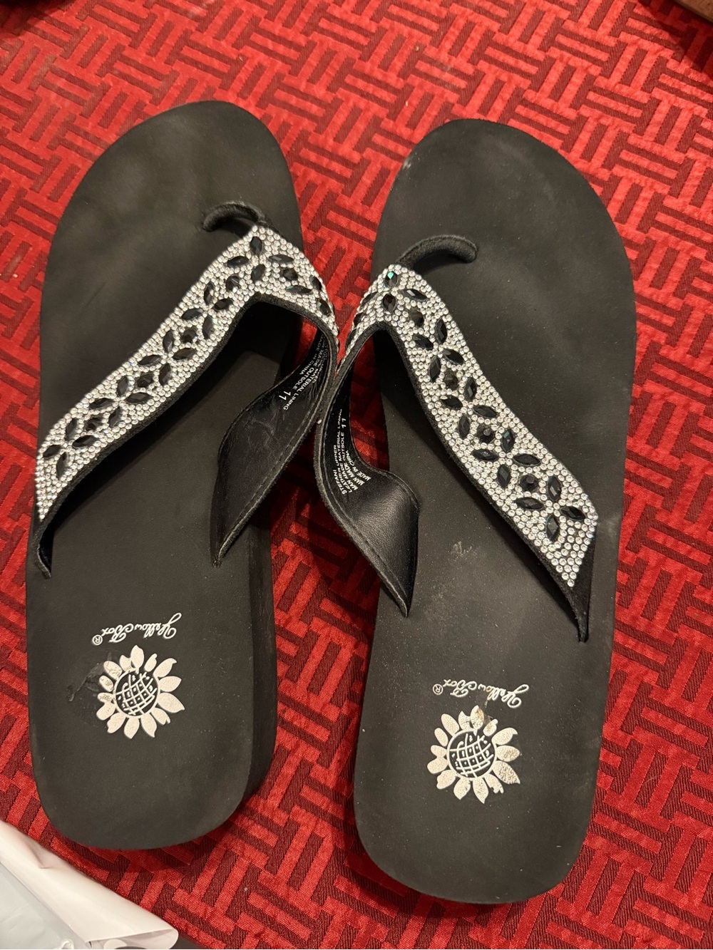 Yellow Box Black Rhinestone Flip Flops
